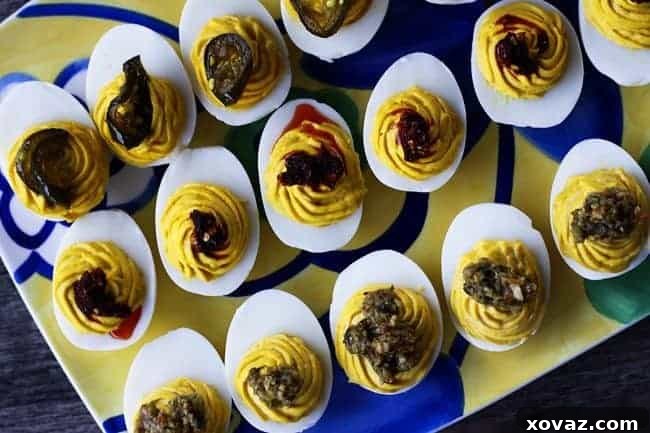 Best Basic Deviled Eggs topped three ways from Foodie with Family