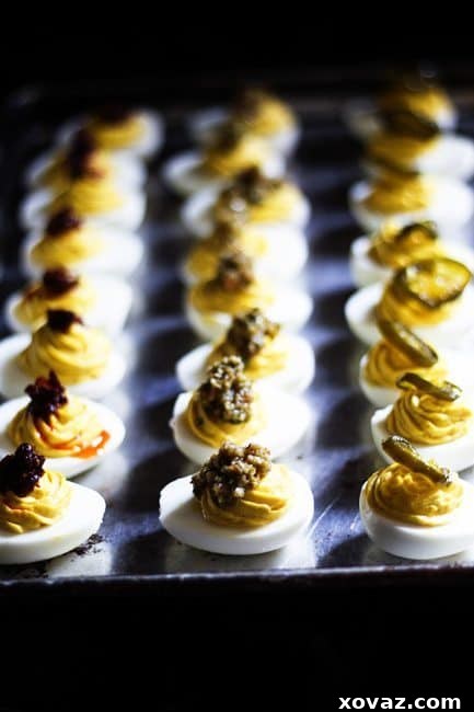 Best Basic Deviled Eggs with three toppings from Foodie with Family