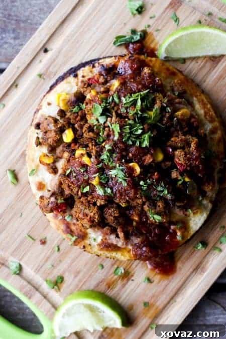 Delicious Vegan Double Stack Bean and Meatless Crumble Tostadas | Easy Plant-Based Family Meal