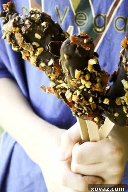 Elvis's Chocolate Peanut Bacon Frozen Banana 3 Elvis Banana Ice Pops | Crispy Bacon and Peanut Butter Coating