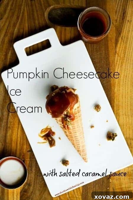 Delicious homemade Pumpkin Cheesecake Ice Cream with a generous drizzle of salted caramel and crunchy pepita brittle
