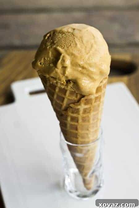 Close-up shot of creamy Pumpkin Cheesecake Ice Cream scoop, ready to be served