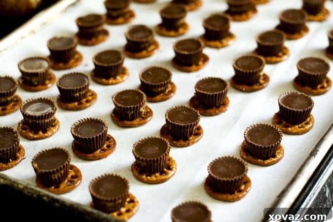 Reese's Peanut Butter Pretzel Bites 3 Close-up of Reese's Pretzel Bites on parchment paper