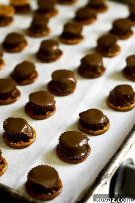 Reese's Peanut Butter Pretzel Bites 4 Mini Reese's Peanut Butter Cups placed on waffle pretzels