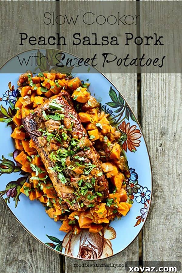 Easy Slow Cooker Peach Salsa Pork Roast from foodiewithfamily.com