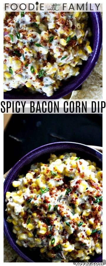 A high-angle, appetizing shot of the Slow Cooker Spicy Bacon Corn Dip in a serving bowl, perfectly garnished with green onions and crumbled bacon, ready for enjoyment.