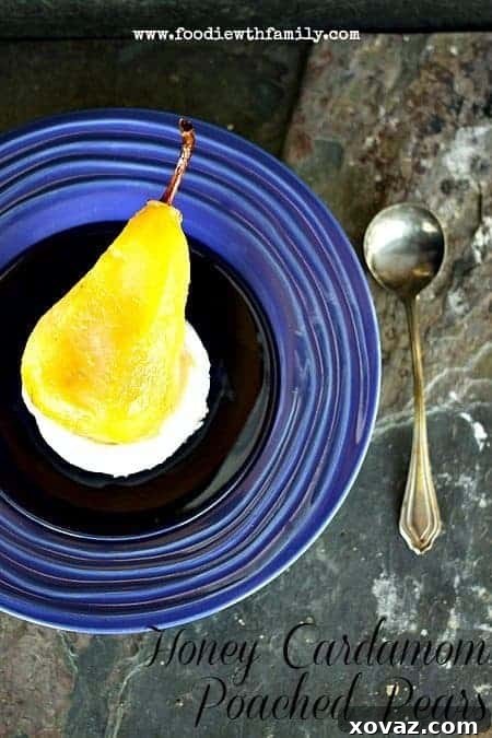 Honey Cardamom Poached Pears on Mascarpone, an elegant and healthy dessert option