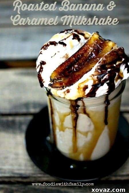 Roasted Banana Caramel Milkshake topped with whipped cream and brûléed banana