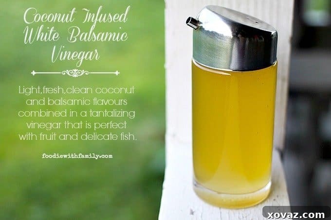 Island Coconut White Balsamic 4 Coconut Infused White Balsamic Vinegar for fruit, fruit salad, and sipping in icy cold soda water! foodiewithfamily.com