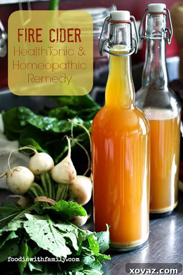 Homemade Fire Cider Elixir 3 A close-up of a rustic glass bottle filled with homemade Fire Cider, highlighting its vibrant color and inviting texture.