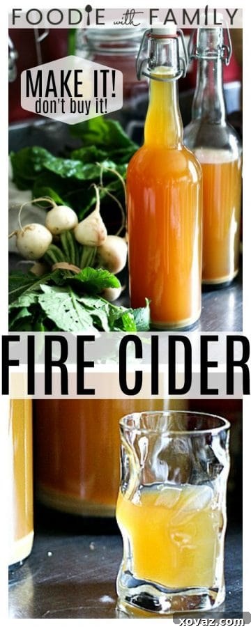 Homemade Fire Cider Elixir 8 A beautifully composed shot of Fire Cider in a small glass, surrounded by fresh ingredients, representing its delicious taste and health benefits for immunity and vitality.