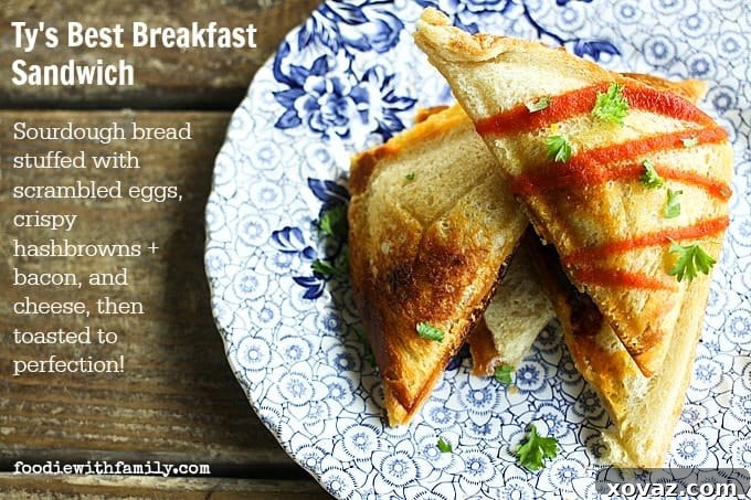 Ty's Best Breakfast Sandwich {scrambled eggs, crispy hashbrowns + bacon, and cheese in sourdough toast! foodiewithfamily.com #thatsmykid #jcpambassador #sponsored