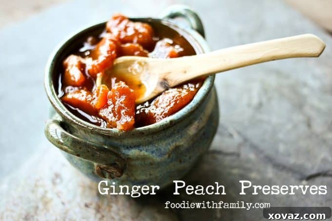 Homemade Ginger Peach Preserves on toast, a perfect breakfast or snack idea, from foodiewithfamily.com