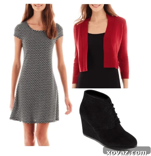 Effortless Elegance for Your Holiday Party Circuit 3 Woman in a festive print dress and red cardigan, perfect for holiday gatherings. #FestiveDress #HolidayCardigan #JCPenneyStyle