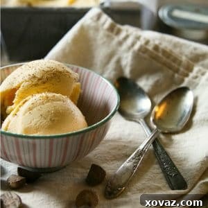 Two scoops of eggnog ice cream in anthropologie pink, green and white bowl, dusted with grated nutmeg, two antique spoons crossed on cream coloured tea towel, partial whole nutmegs scattered, metal pan in background