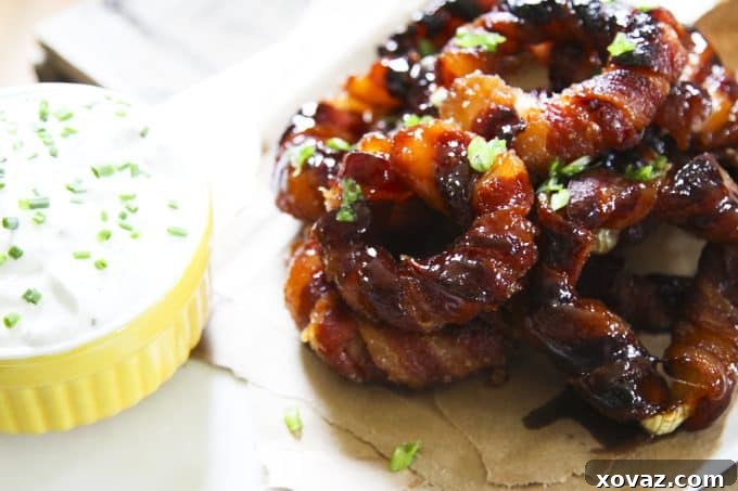 Easy Blue Cheese Dip or Dressing served with Bacon Wrapped Onion Rings from foodiewithfamily.com