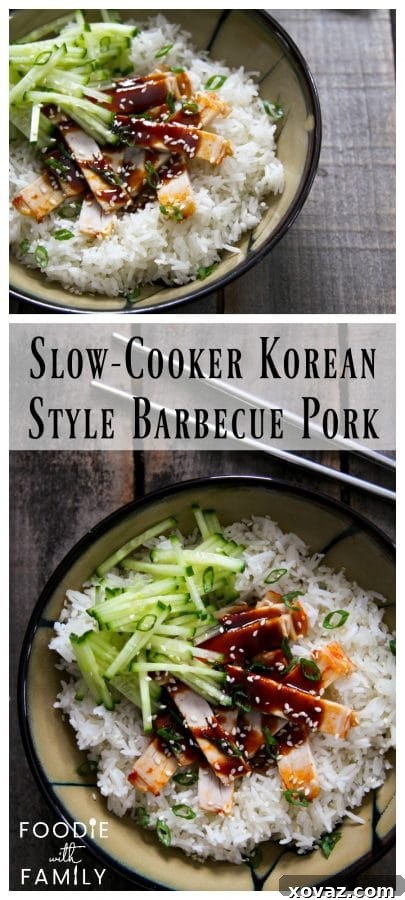 Melt-in-Your-Mouth Korean BBQ Pork 5 collage of Strips of slow-cooker korean style barbecue pork with sauce on rice with cucumbers in taupe ceramic bowl with a black rim, on wood background.