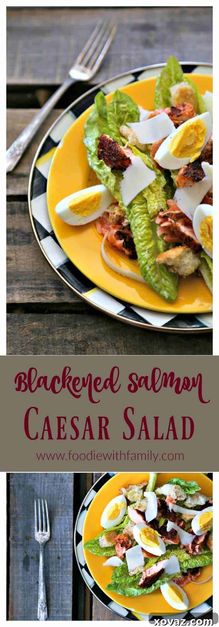 Simple, fresh, and filling main dish salad for spring! Blackened Salmon Caesar Salad with torn croutons, hard boiled egg, homemade dressing, and flaked blackened salmon gives the traditional Caesar salad a flavourful facelift!