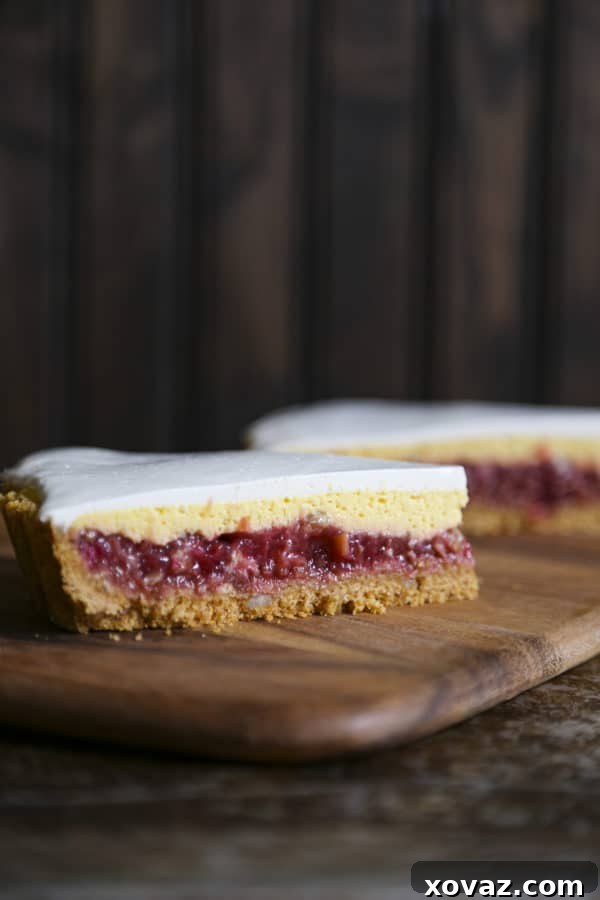 Close-up of a Rhubarb Custard Pie slice showcasing its distinct layers: a crunchy graham cracker crust, sweet and tart rhubarb, smooth cheesecake, and a light yogurt topping.