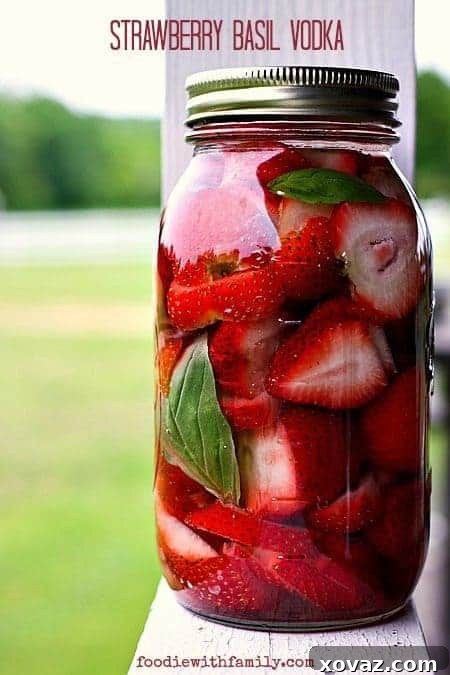 A bottle of Strawberry Basil Infused Vodka, perfect for cocktails or culinary creations.