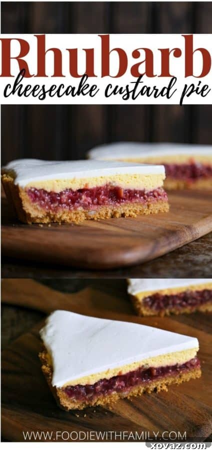 A slice of Rhubarb Custard Pie on a serving plate, highlighting its creamy layers and crumb crust, ready to be enjoyed.