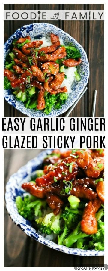 Luscious Ginger-Garlic Glazed Sticky Pork 6 Easy Garlic Ginger Glazed Sticky Pork is tender strips of pork glazed with an easy sticky, sweet, spicy, garlicky, gingery sauce.