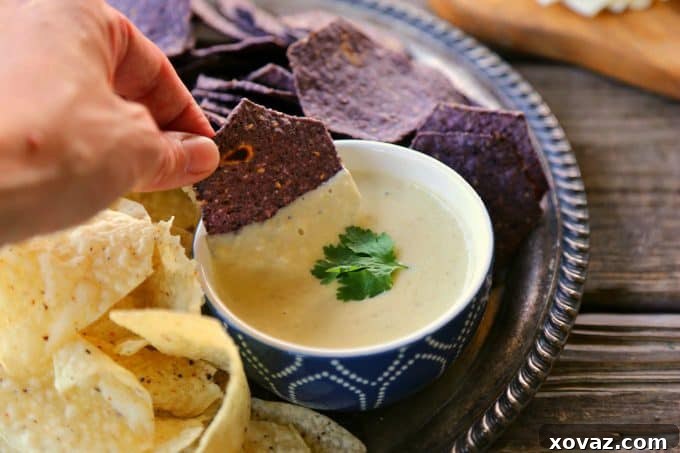 The Ultimate Queso Blanco Dip, served with crispy tortilla chips.