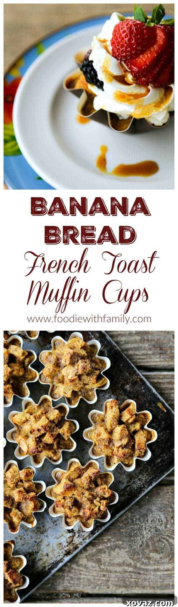 Overhead view of a tray of freshly baked Banana Bread French Toast Muffin Cups ready for serving