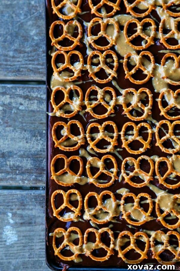 Chocolate pretzel sheet cake with a mouthwatering peanut butter drizzle, a truly indulgent dessert.