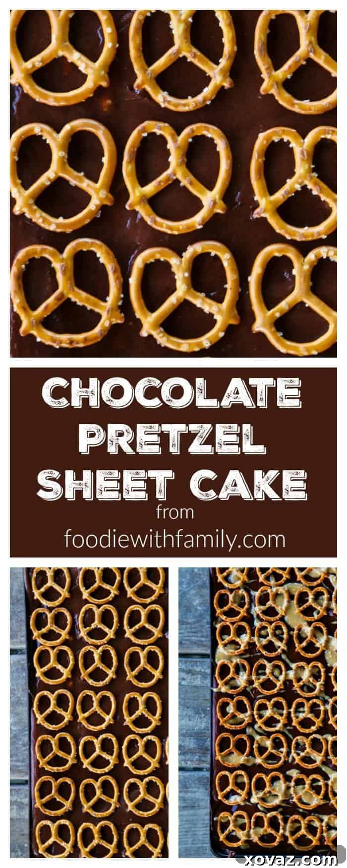 Close-up of a generous slice of Chocolate Pretzel Sheet Cake with optional Peanut Butter Drizzle, showcasing layers of deliciousness.