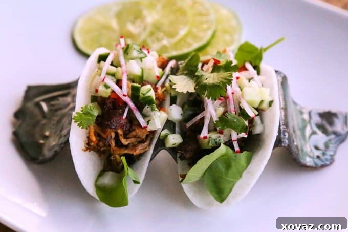 Jicama Tacos with carnitas, cucumber onion salsa, radishes, and cilantro.