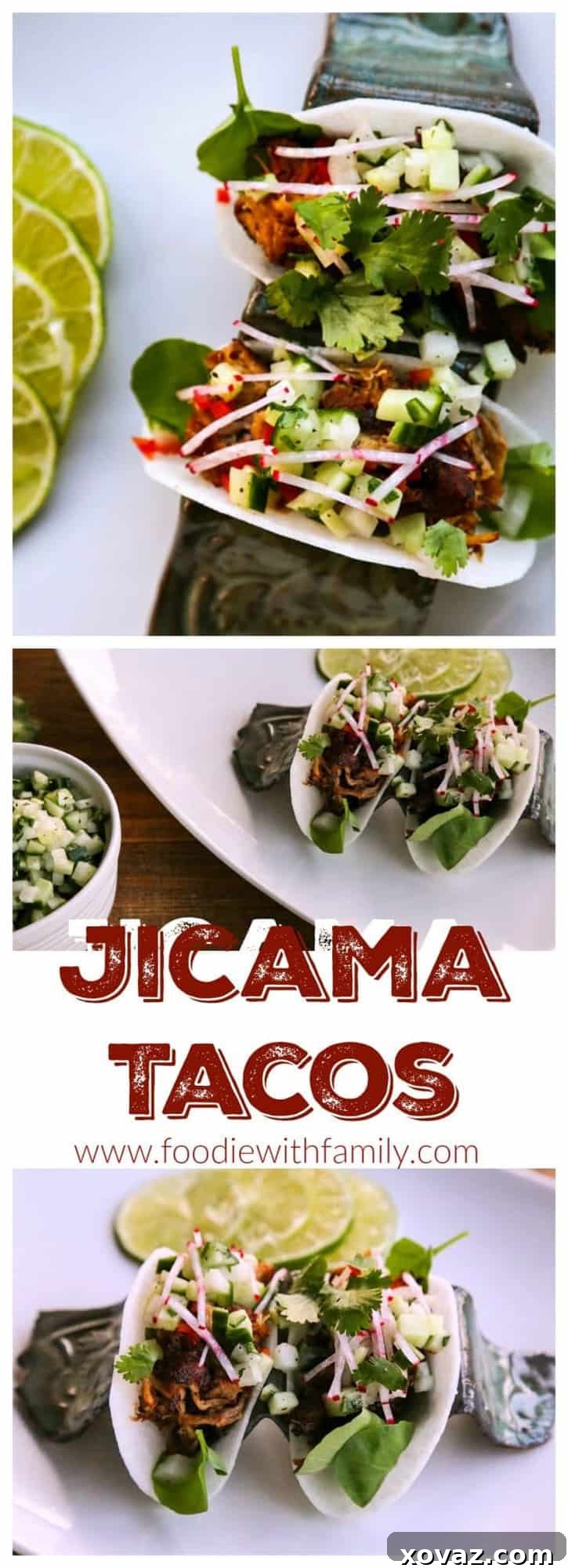 Jicama Tacos with carnitas, cucumber onion salsa, radishes, and cilantro.