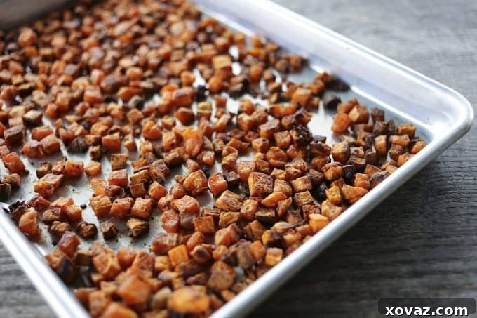 Crunchy, crispy, baked Sweet Potato Croutons ready to enjoy.