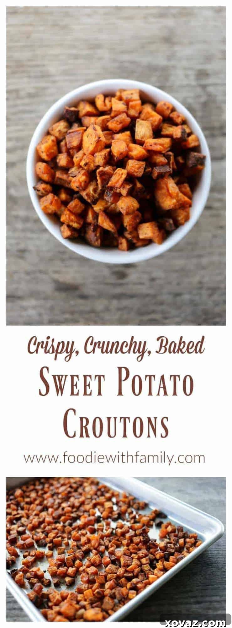 Delicious, crunchy Sweet Potato Croutons in a bowl, ready to eat.