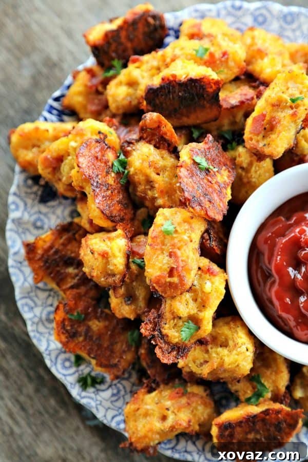 Crispy Bacon Cheddar Cauliflower Bites 2 Experience the golden, crispy perfection of Bacon Cheddar Cauliflower Tots – a healthier, lower-carb twist on classic tater tots. You won't believe these cheesy, savory bites aren't potatoes!