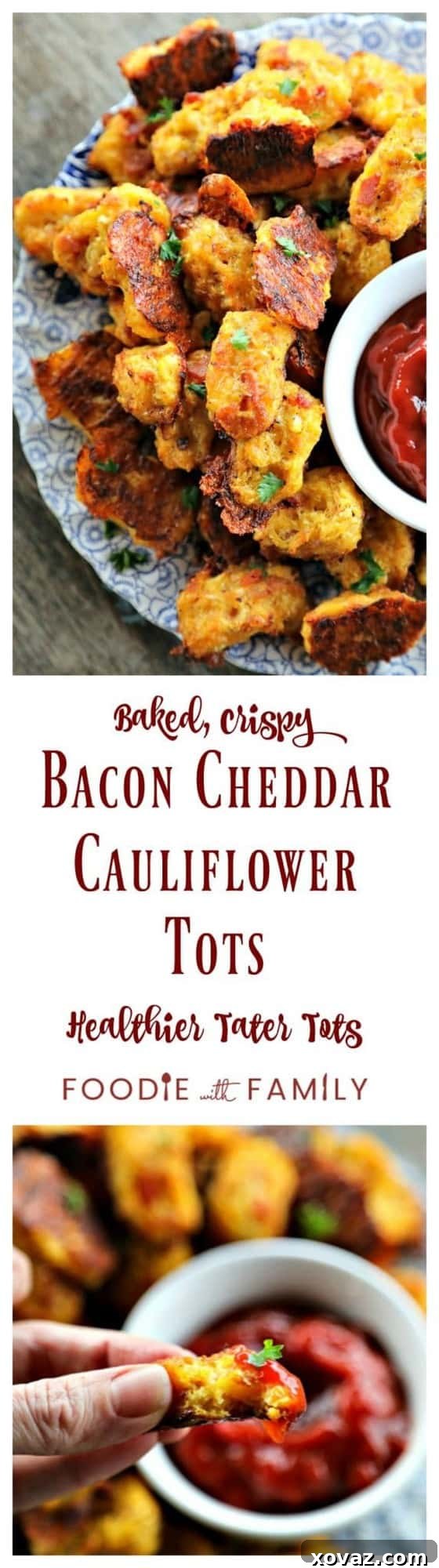 Crispy Bacon Cheddar Cauliflower Bites 6 A close-up shot of golden, perfectly baked Bacon Cheddar Cauliflower Tots, showing their irresistible crispy texture and cheesy interior – a truly delicious and healthy snack.