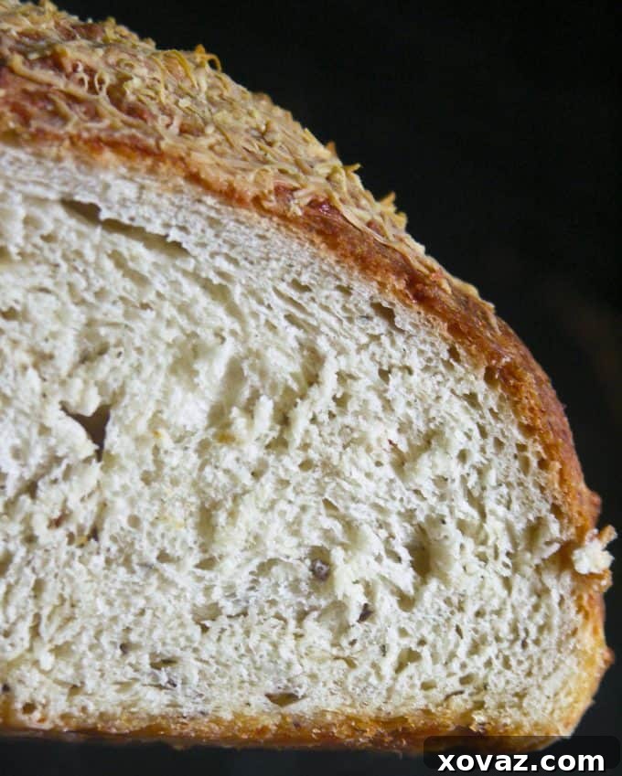 Perfectly Sliced Asiago Bread asiagoherbbread-22 - Sliced Asiago Herb and Garlic Bread, revealing its soft, airy interior and cheese pockets, ready to be served.