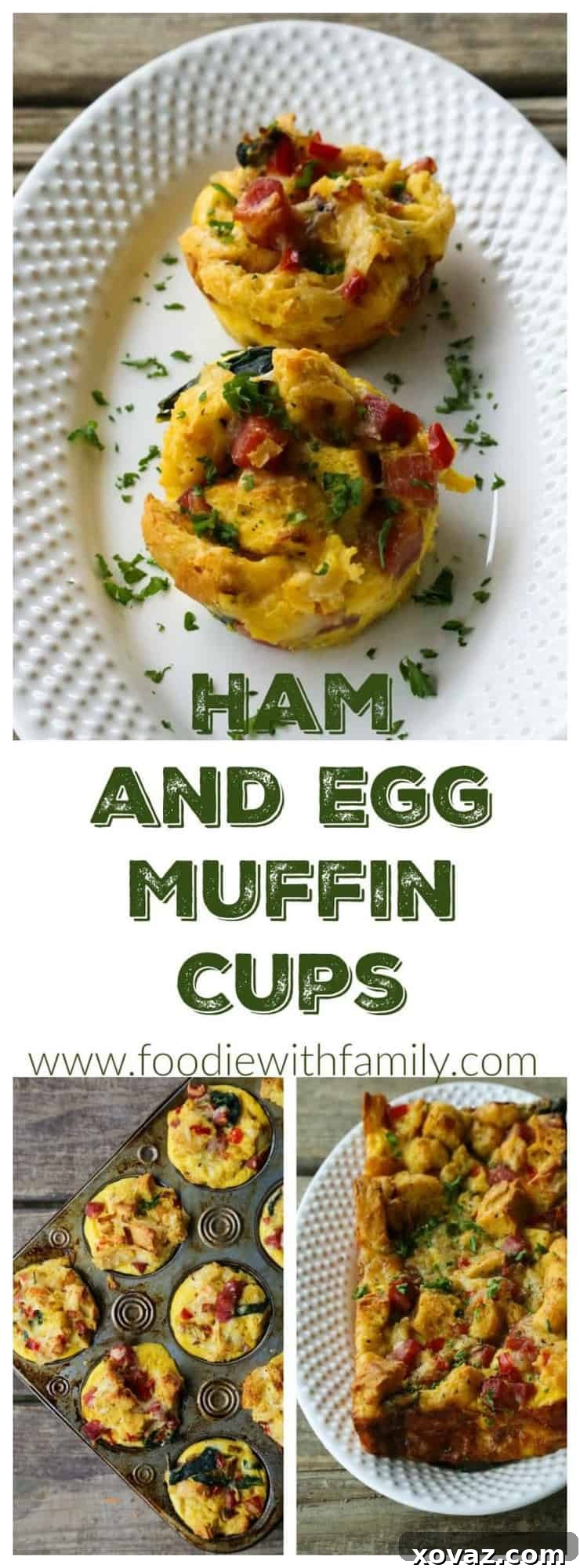 Close-up of baked Ham and Egg Muffin Cups from foodiewithfamily.com, showing golden crust and savory filling.