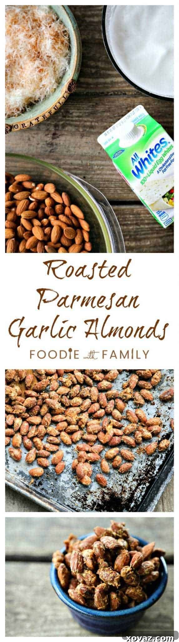 A close-up shot of crispy, golden Roasted Parmesan Garlic Almonds on a baking sheet.