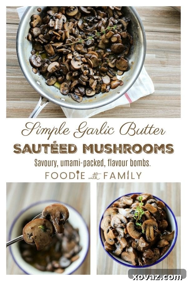 A bowl of freshly cooked Garlic Butter Sautéed Mushrooms, garnished with more fresh thyme and a sprig of garlic, ready for serving.