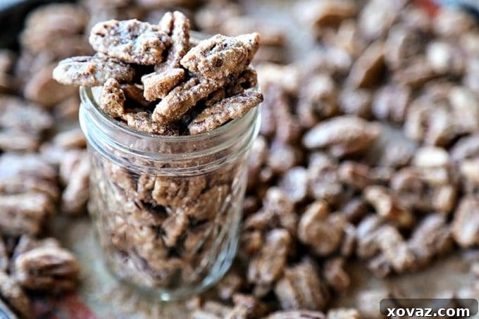 Candied Maple Pecans: Whole pecans candied with real maple syrup, fragrant cinnamon, and just the barest hint of spice and salt. Great for snacking, salads, and top of yogurt, ice cream, or oatmeal.