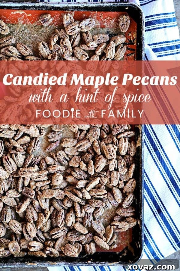 Candied Maple Pecans: Whole pecans candied with real maple syrup, fragrant cinnamon, and just the barest hint of spice and salt. Great for snacking, salads, and top of yogurt, ice cream, or oatmeal.