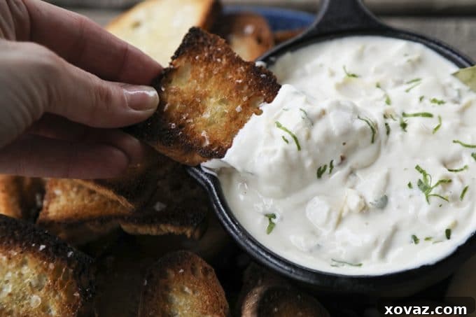 Velvety Roasted Garlic Artichoke Goat Cheese Dip 3 Close-up of creamy goat cheese fondue, ready to be scooped with a cracker.