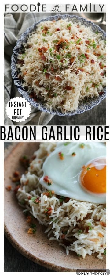 A top-down view of Bacon Garlic Rice served in a bowl, garnished with extra crispy bacon and fresh green onions, showcasing its vibrant appeal.