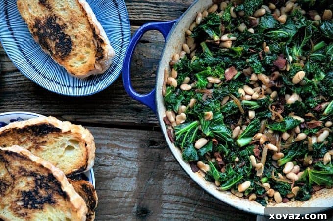 Smoky beans and greens with garlic toast.