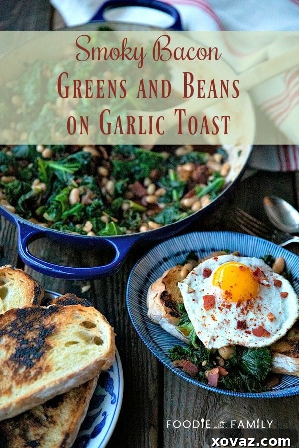 Tender beans and greens, caramelized onions, savory bacon, sliced garlic, smoked paprika, and a hint of spice, star in this one-pot, low cost, crowd-pleaser served over indulgently thick slices of crunchy-edged, pan toasted garlic bread.