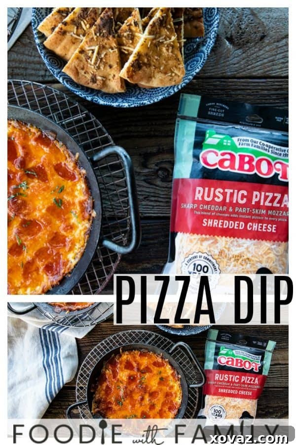 Serving Pizza Dip in a cast iron skillet with dippers