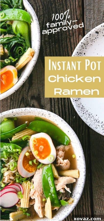 Ultimate Instant Pot Ramen 9 Instant Pot Chicken Ramen with jammy egg, baby corn, pea pods, bok choy, mushrooms, and radishes.