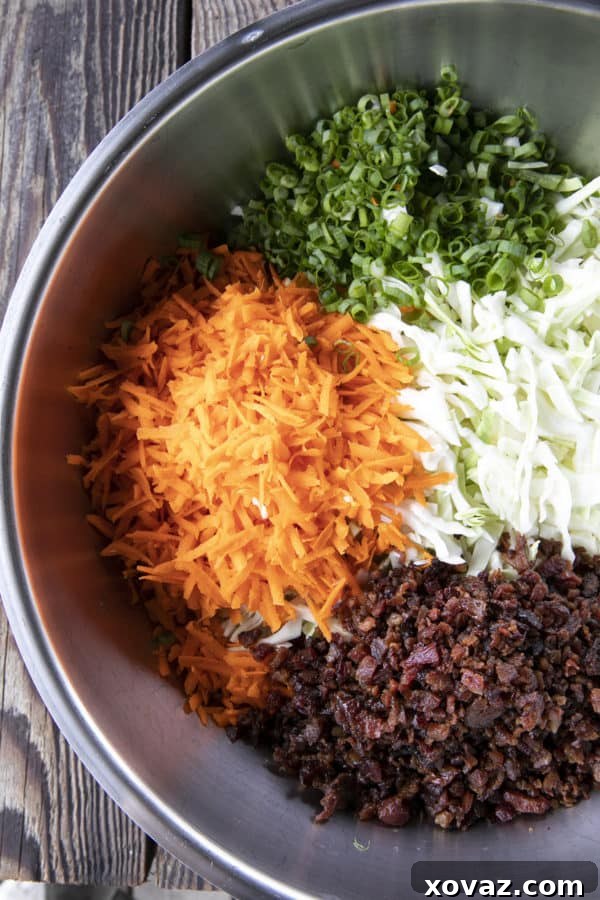 Spicy Jalapeno Coleslaw 5 Mixing Bowl with Shredded Cabbage, Carrot, and Bacon