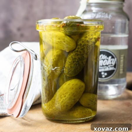 A jar of Moonshine Pickles, vibrant and ready to enjoy. This image captures the essence of these high-octane pickles and their brine, perfect for cocktail time or a spicy snack.